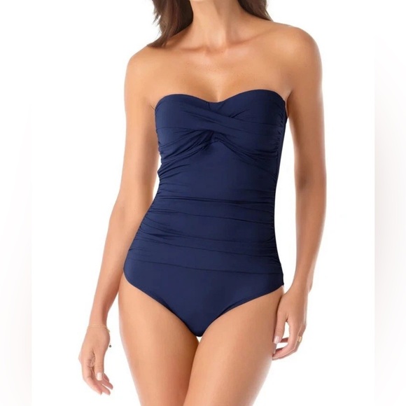 Anne Cole Swimsuit One Piece Twist  Shirred Bandeau Navy Strapless Sz 22W - Picture 4 of 8
